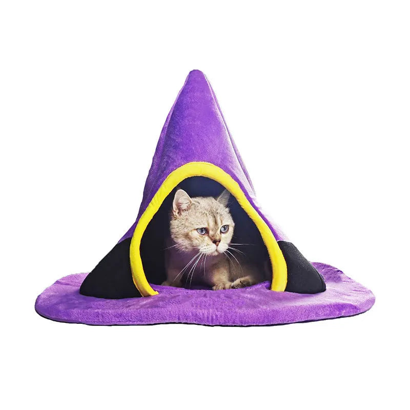 Purple Halloween witch hat shaped cloth cat bed with a fleece cushion inside.