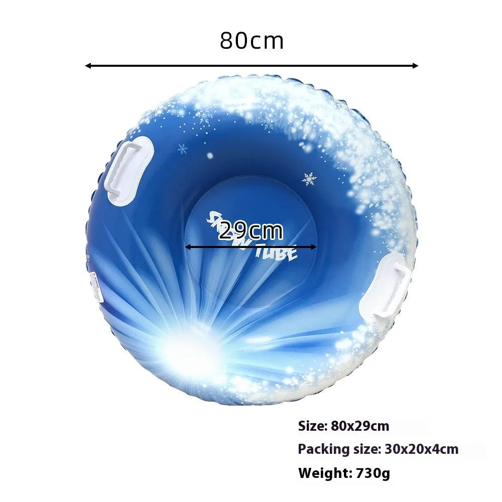 A thick PVC children's ski ring toy for outdoor winter play, shown in flame red, ice-blue, and snow mountain print designs.