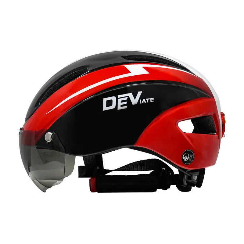 Adult bicycle helmet with integrated rear red taillight shown in a black and blue colour variant.