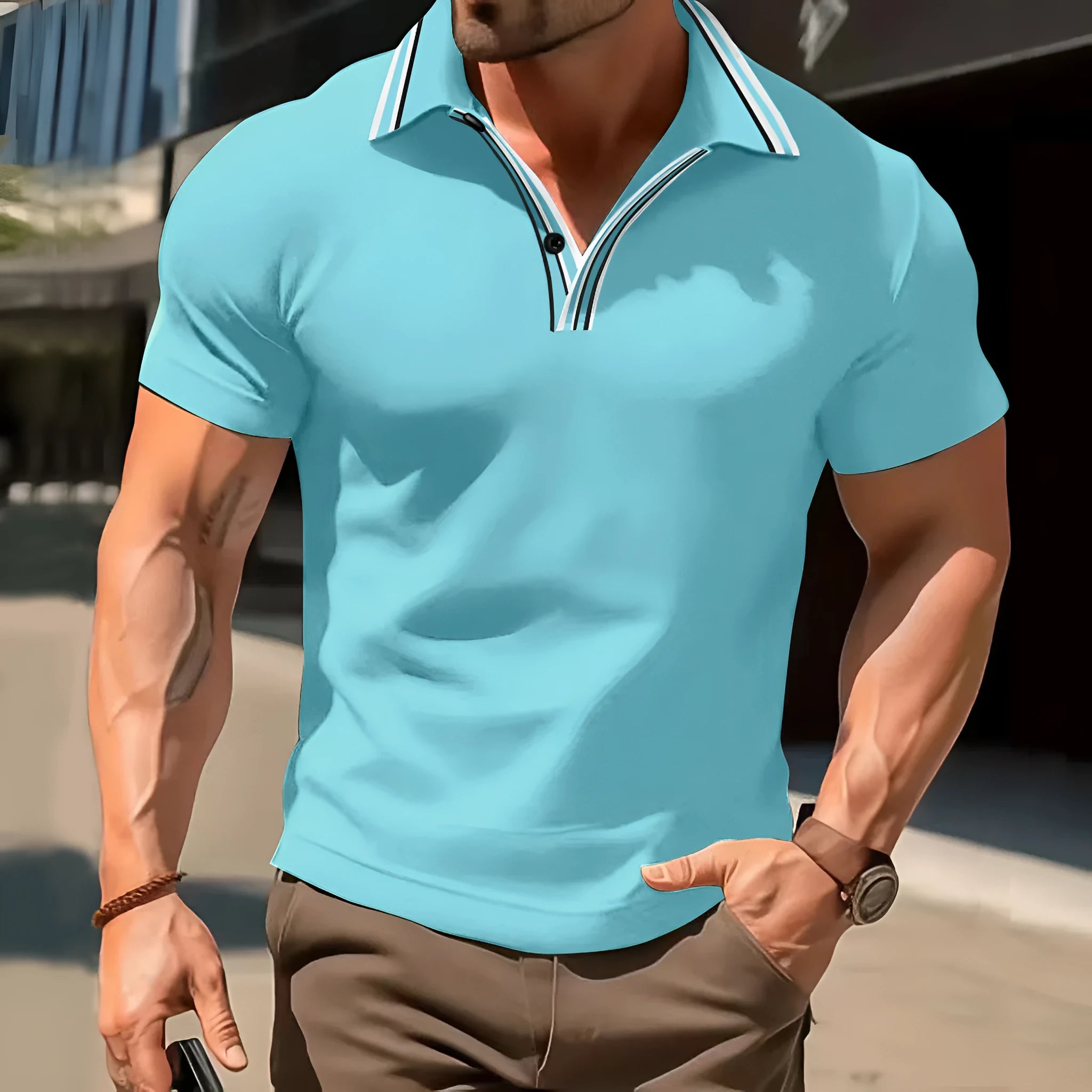 Man wearing a loose fit striped short-sleeved T-shirt in a casual setting