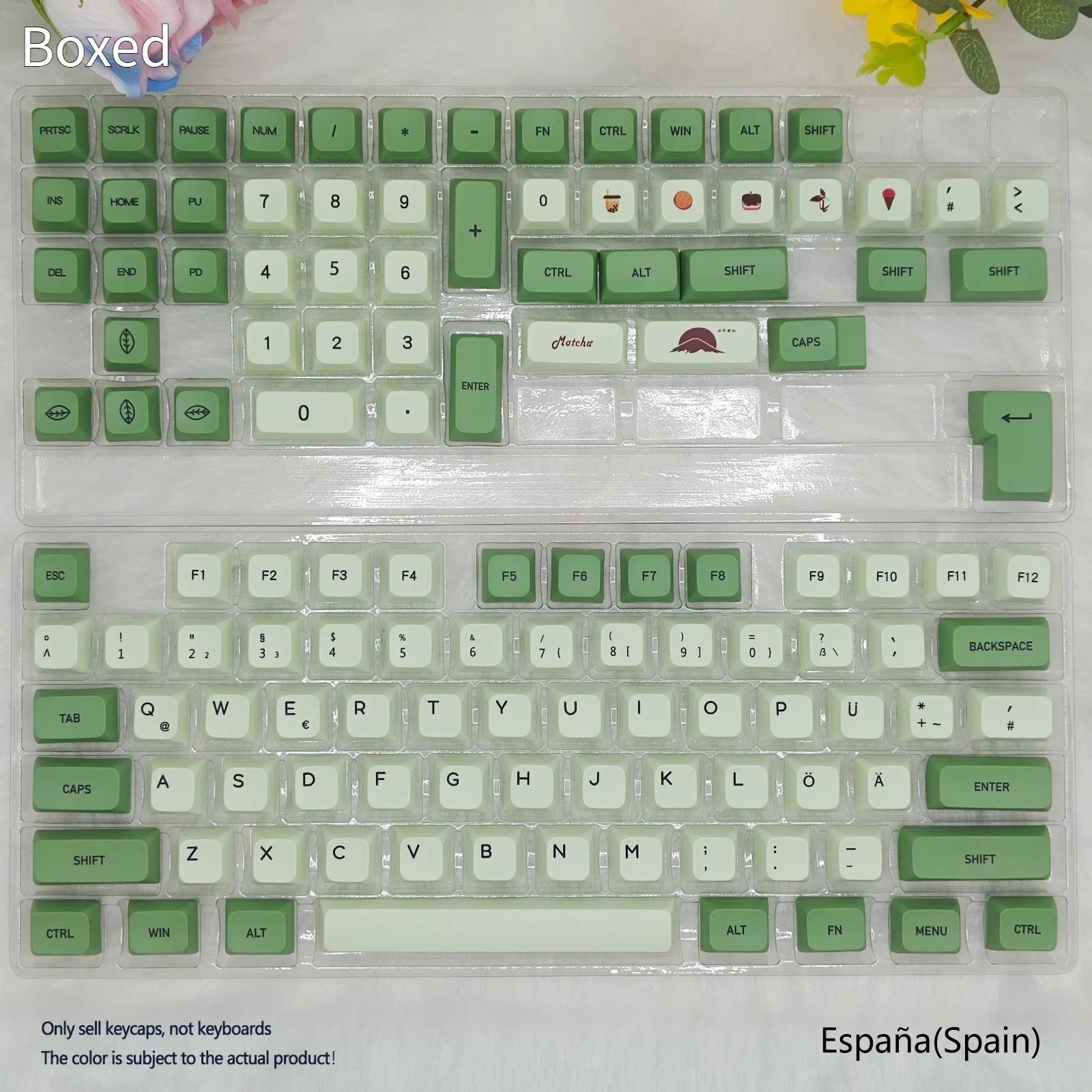 124-key Matcha green PBT keycap set for a mechanical keyboard, showing multiple language layout options.