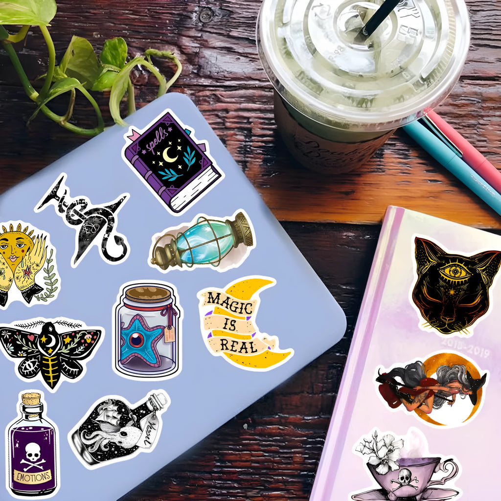 50 piece PVC waterproof luggage stickers in various sizes from 3cm to 8cm with glossy finish
