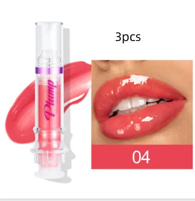 Lip gloss tube with mirror finish showing shiny application on lips