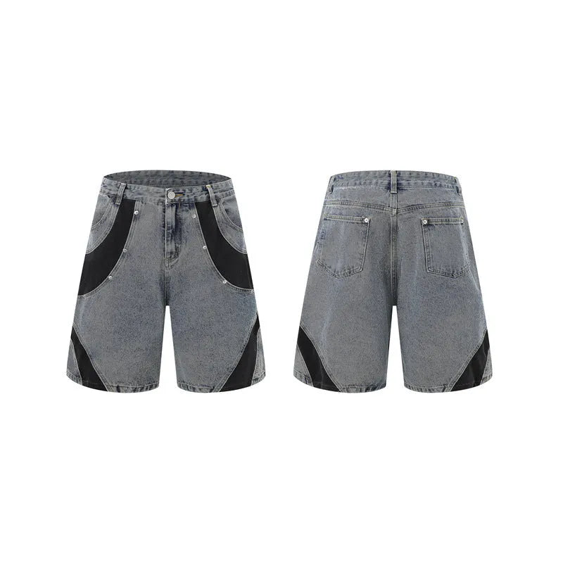 Retro washed denim jeans suit featuring a short-sleeve jacket and matching trousers on a mannequin.