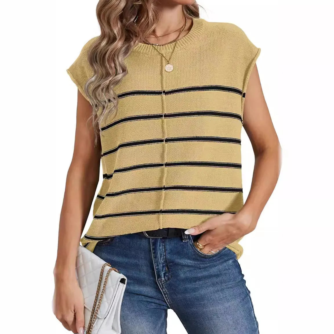 Women's striped sleeveless pullover vest with seam bone stitching in apricot colour