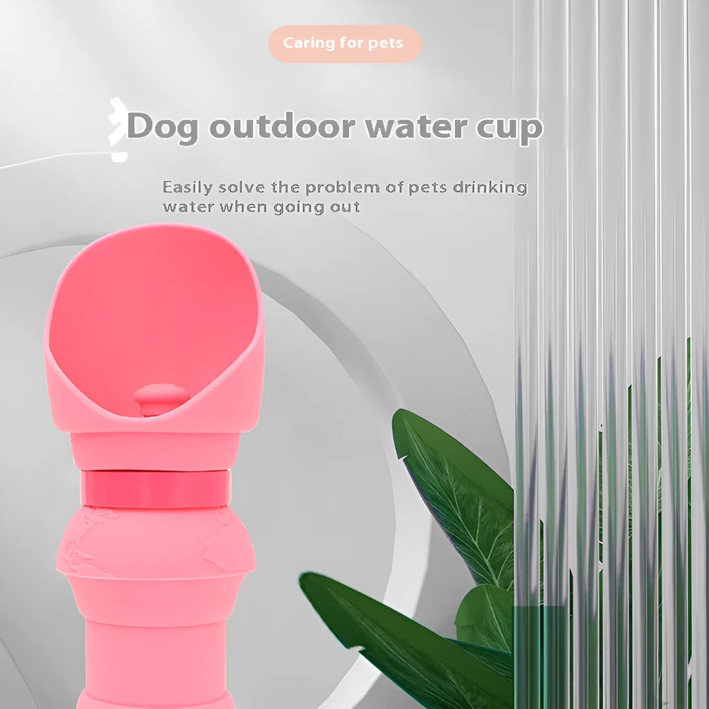 A folded and unfolded pink silicone water cup for dogs, showing its portable design.