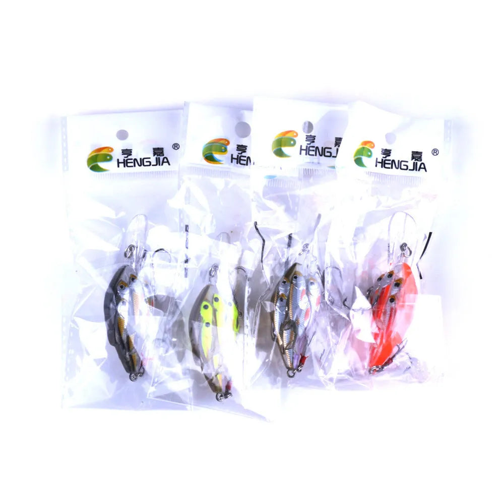 Set of nine multi-colour ABS plastic hard bait fishing lures with feather hooks.