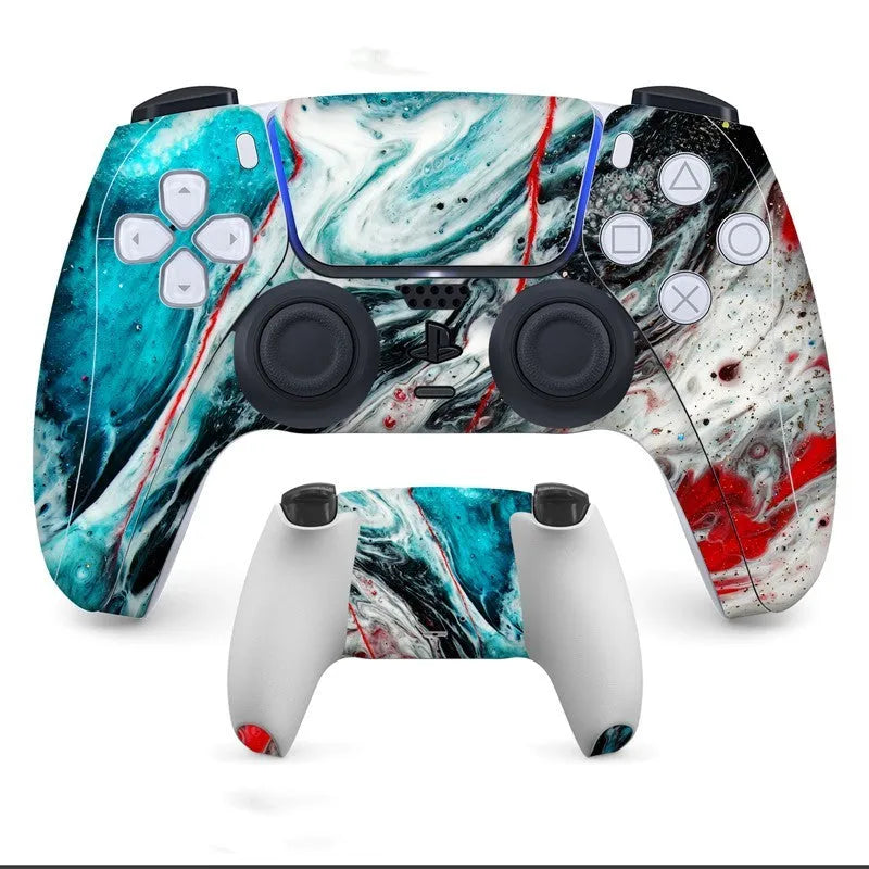 Set of PS5 controller protective stickers with micro-frosted PVC finish on a black background.