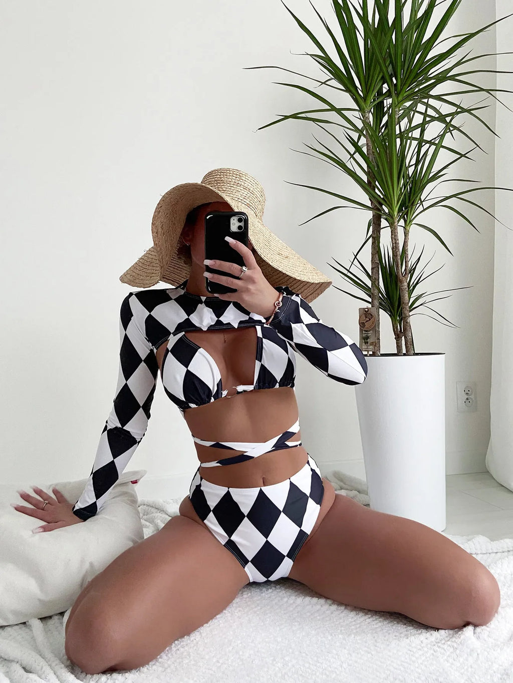 Women's long sleeve plaid bikini three-piece swim set with separate top and bottom