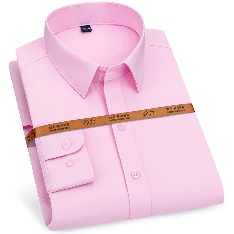 Men's long-sleeved stretch business cardigan shirt in solid colour, slim fit, polyester fabric, autumn work wear