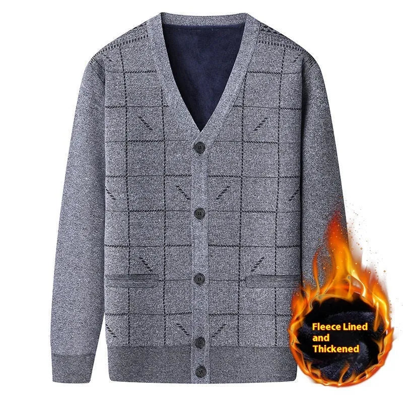 Men's grey wool-lined cardigan with batwing sleeves on a hanger