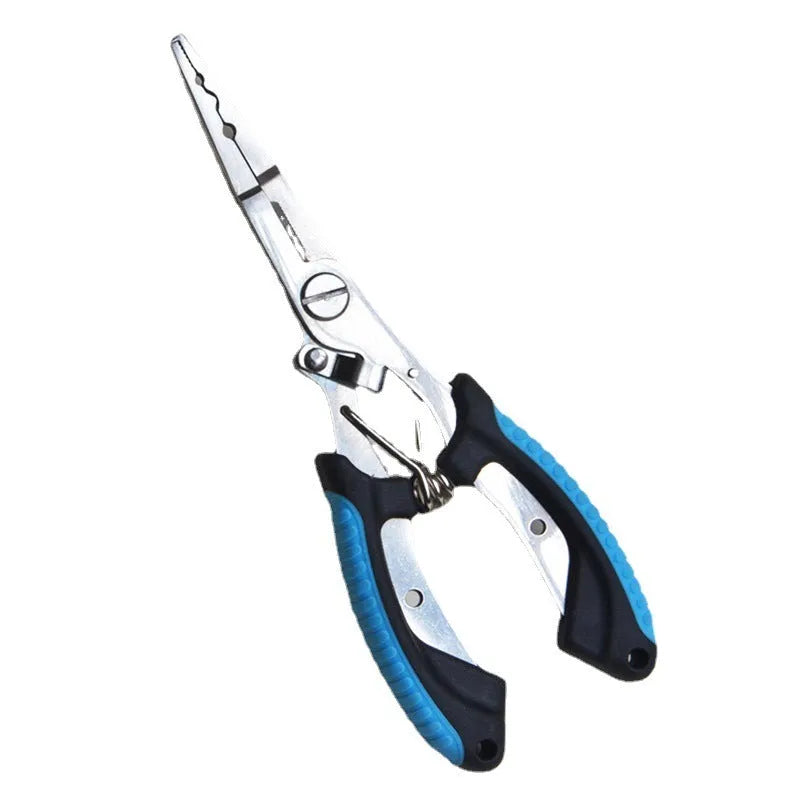 Medium straight mouth fishing pliers with integrated hook tool showing SS420 steel construction and colour-coded ABS handles