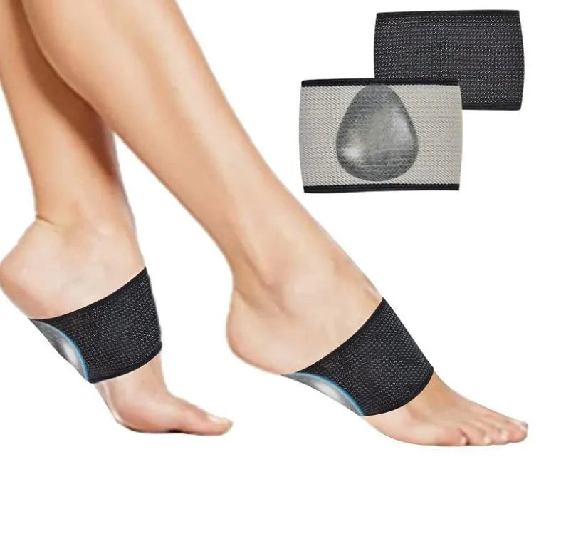 A pair of elastic PU arch support foot bandages, shown in heart style design for flat feet.