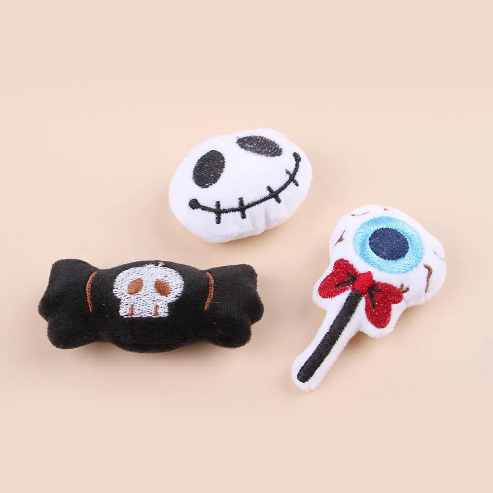 Colourful plush cat teaser toy with flexible wand showing candy and eyes designs