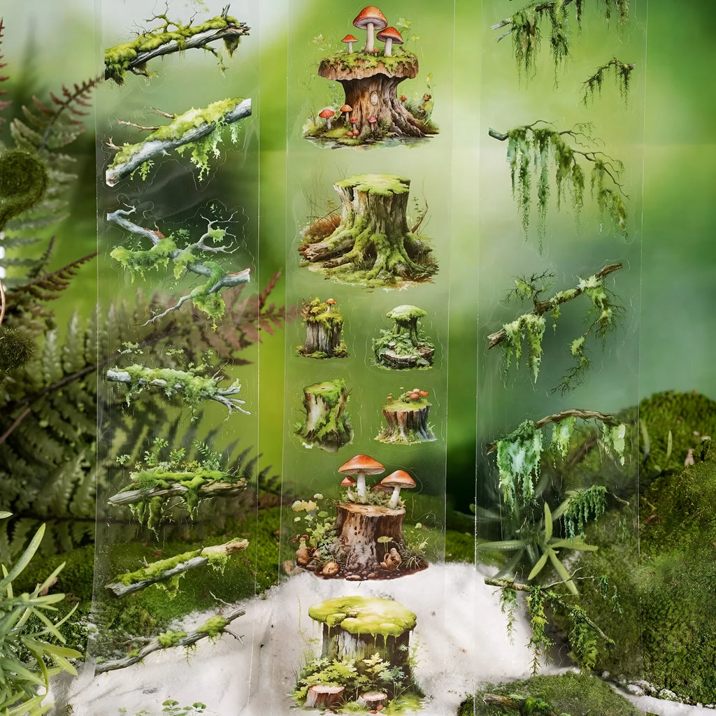 Forest Moss Series DIY decorative sticker set with PEt tape rolls, artificial moss pieces, wooden decorations, and small metal ornaments on a white background