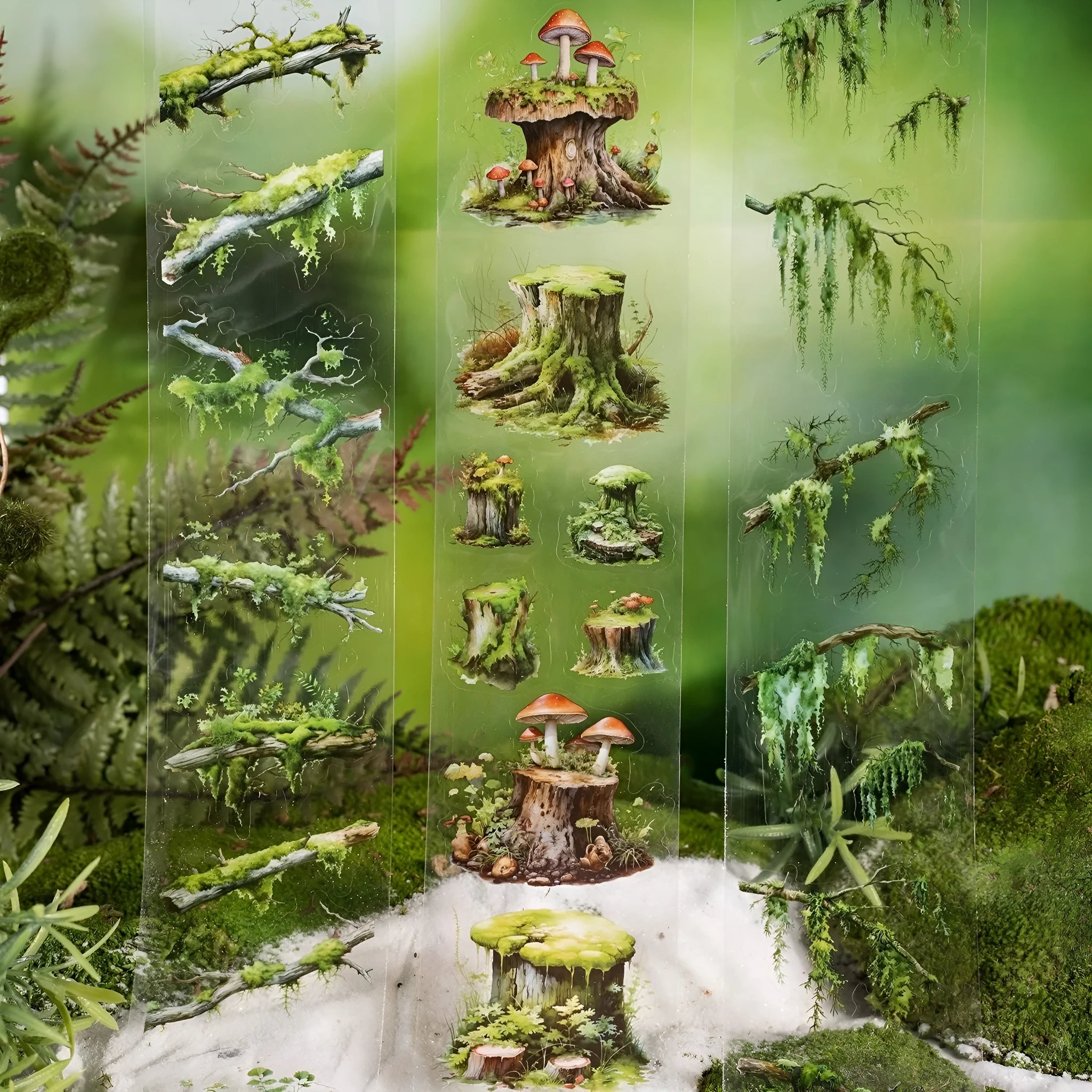 Forest Moss Series DIY decorative sticker set with PEt tape rolls, artificial moss pieces, wooden decorations, and small metal ornaments on a white background