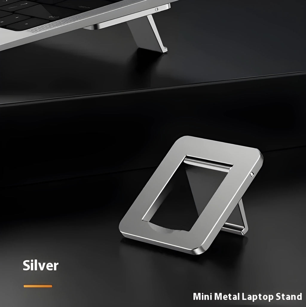 Folding aluminum alloy laptop bracket showing compact 4.8cm size with adhesive backing