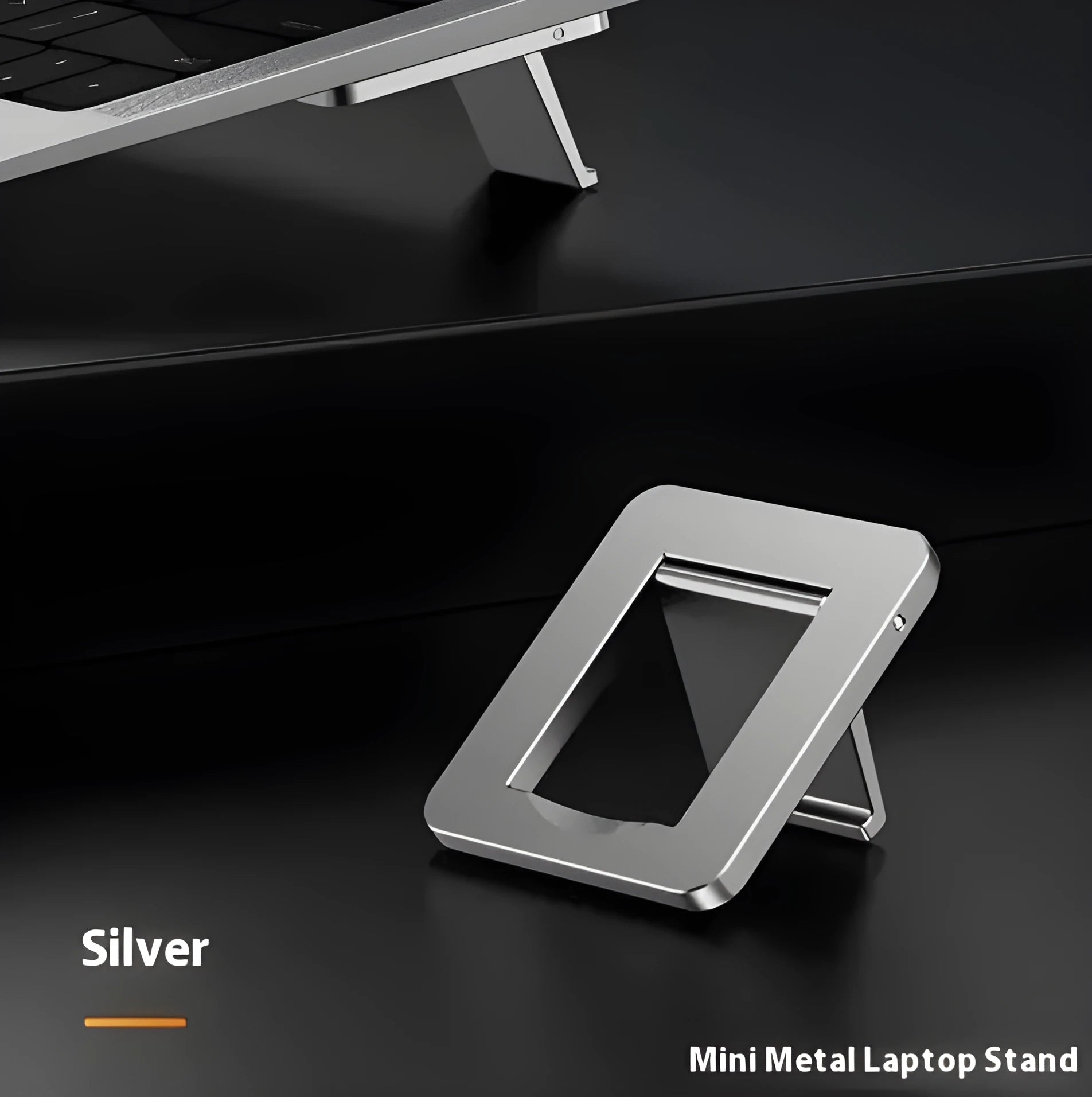 Folding aluminum alloy laptop bracket showing compact 4.8cm size with adhesive backing