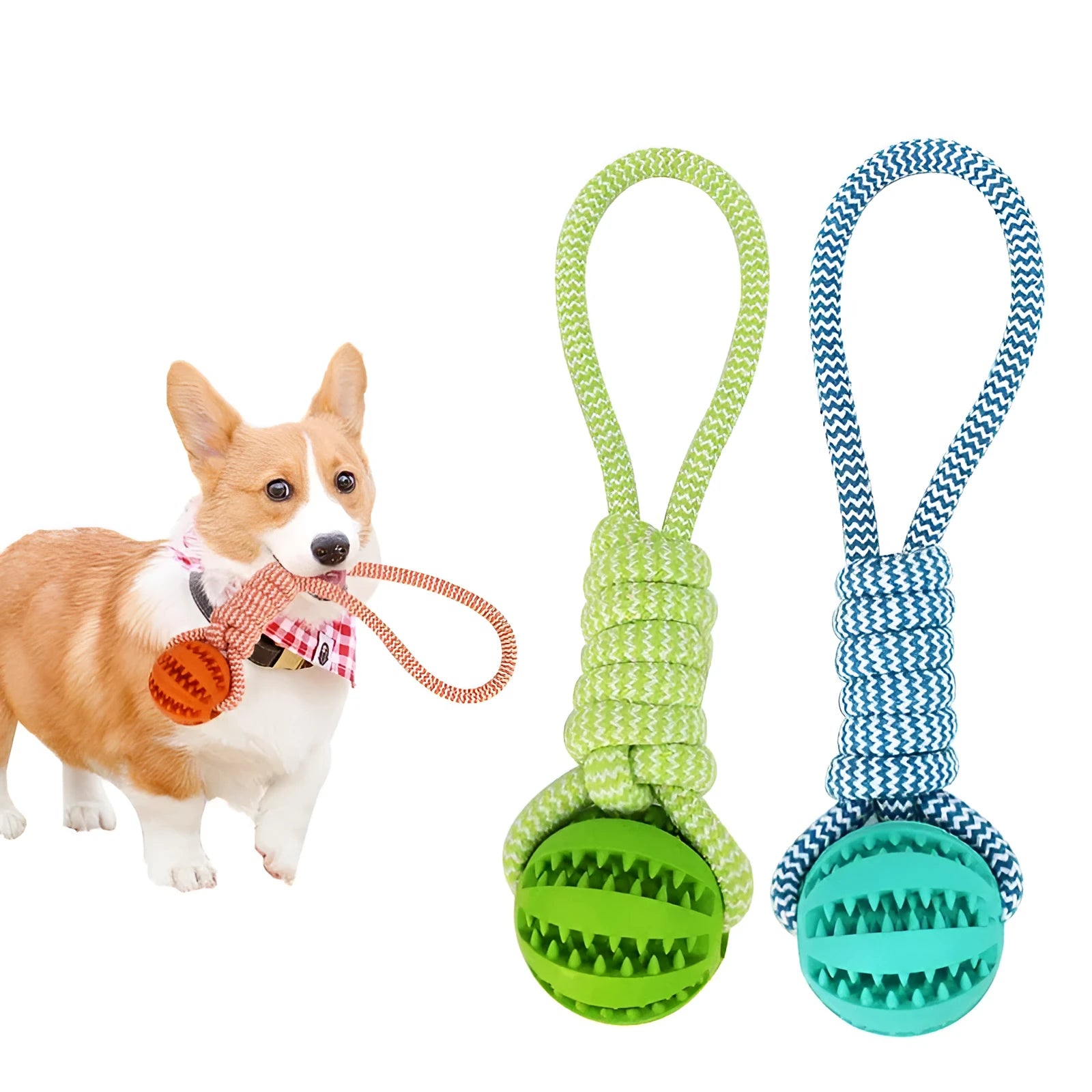 Interactive dog treat ball with hemp rope in blue for small dogs chewing and playing tug of war