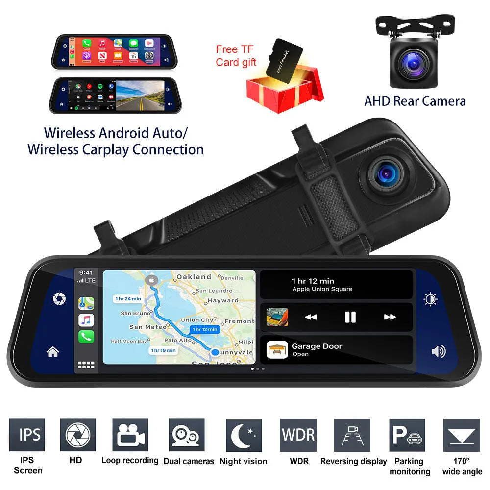 9.66-inch HD car video mirror monitor with reverse camera and mounting kit on a dashboard.