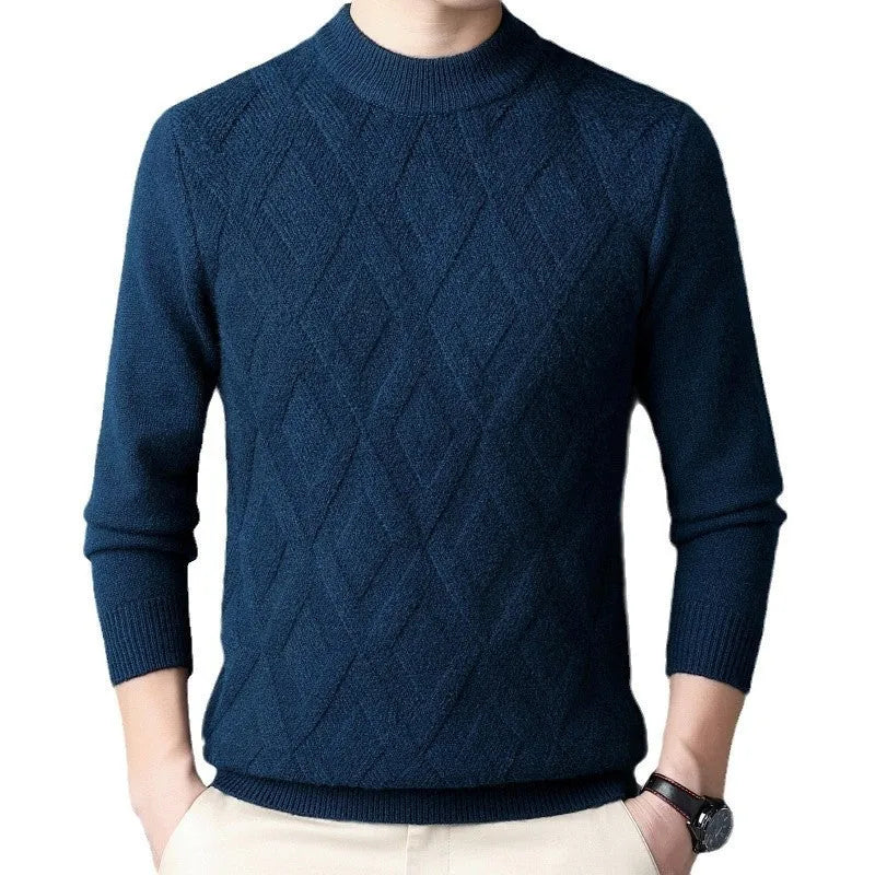 Men's diamond jacquard knit winter sweater in wool blend, shown in light camel colour