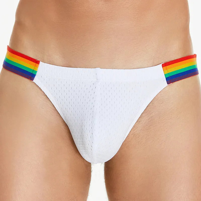 Men's nylon mesh briefs with low waist design and rainbow waistband in black, white, and dark blue colours