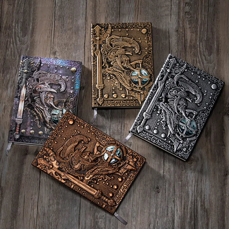 A5 leather notebook with 3D embossed warriors relief design on the cover, shown in bronze colour.