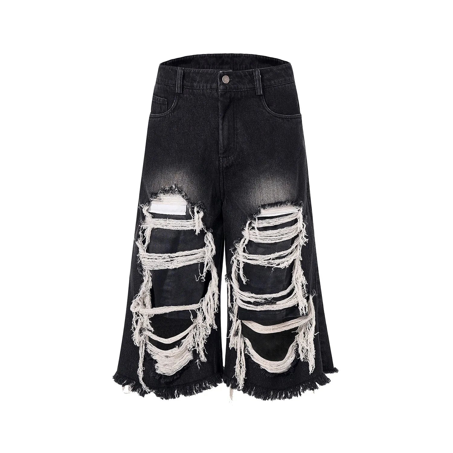 Model wearing black cropped wide-leg jeans with a distressed patch detail on the leg.