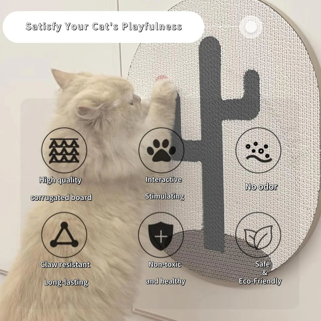 Vertical wall-mounted cat scratching pad made of corrugated cardboard on a wall.