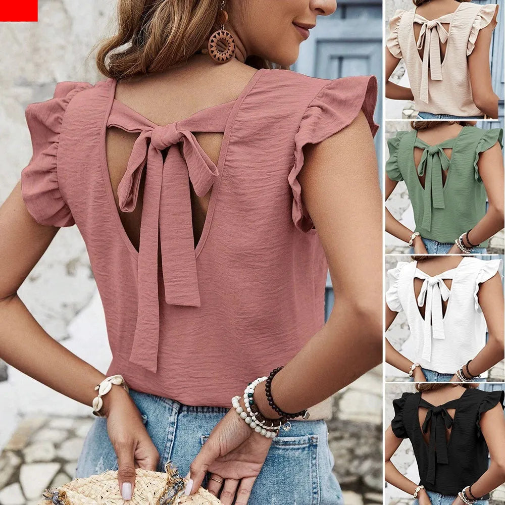 Women's solid colour round neck pullover blouse with ruffled sleeves and patchwork detail