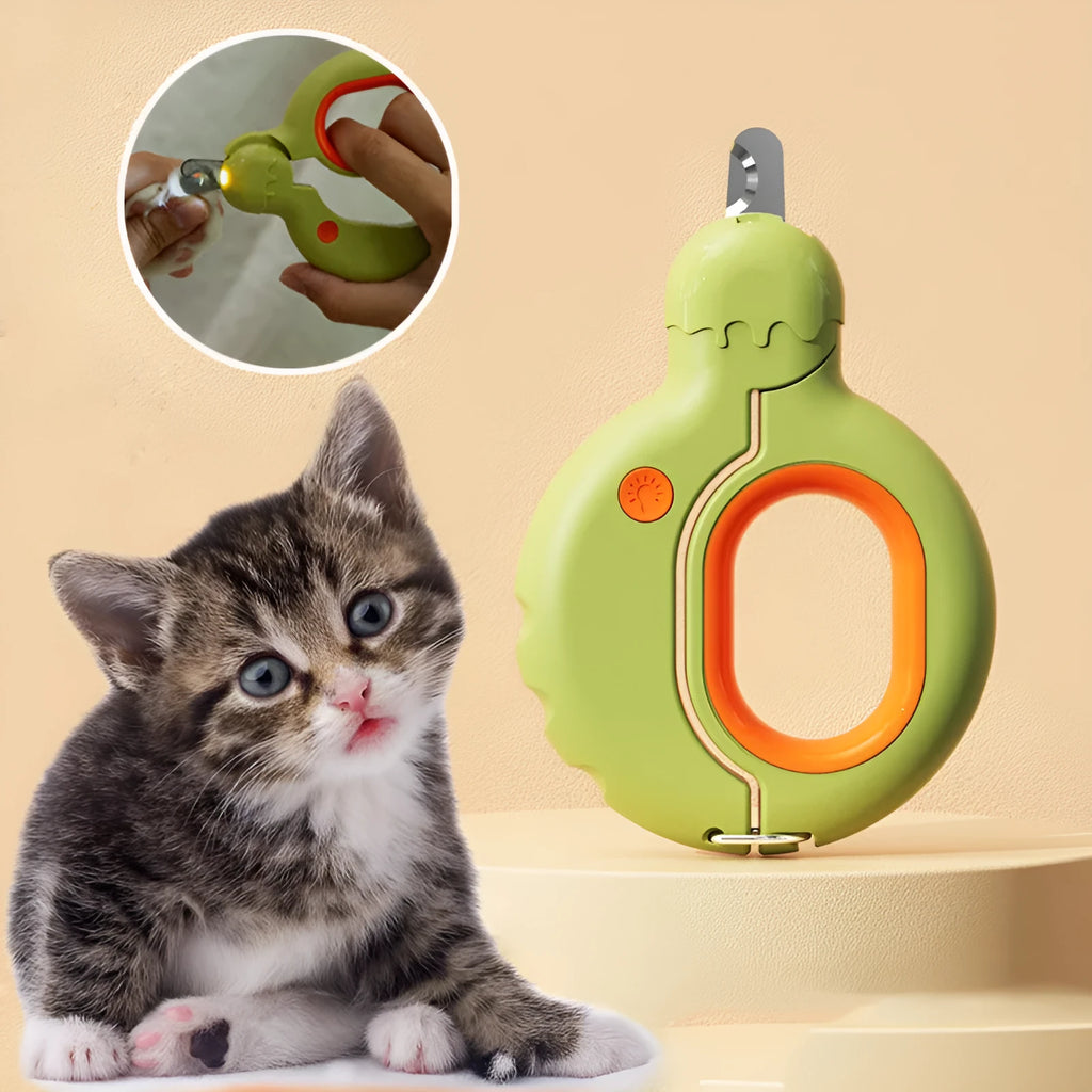 LED illuminated pet nail clippers for cats and dogs showing quick-light technology and non-slip handles