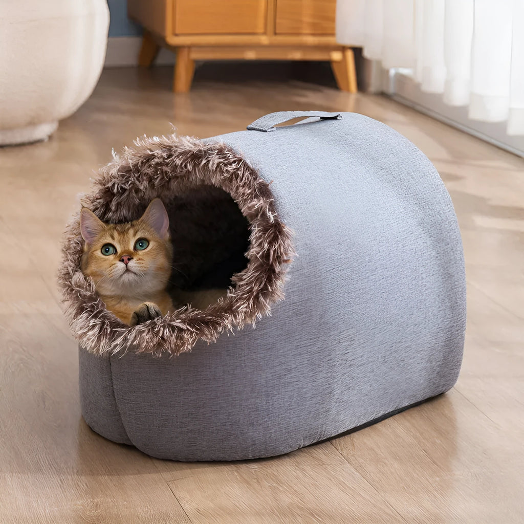 Grey fleece-lined enclosed cat sleeping bag measuring 50cm long with brown colour option available