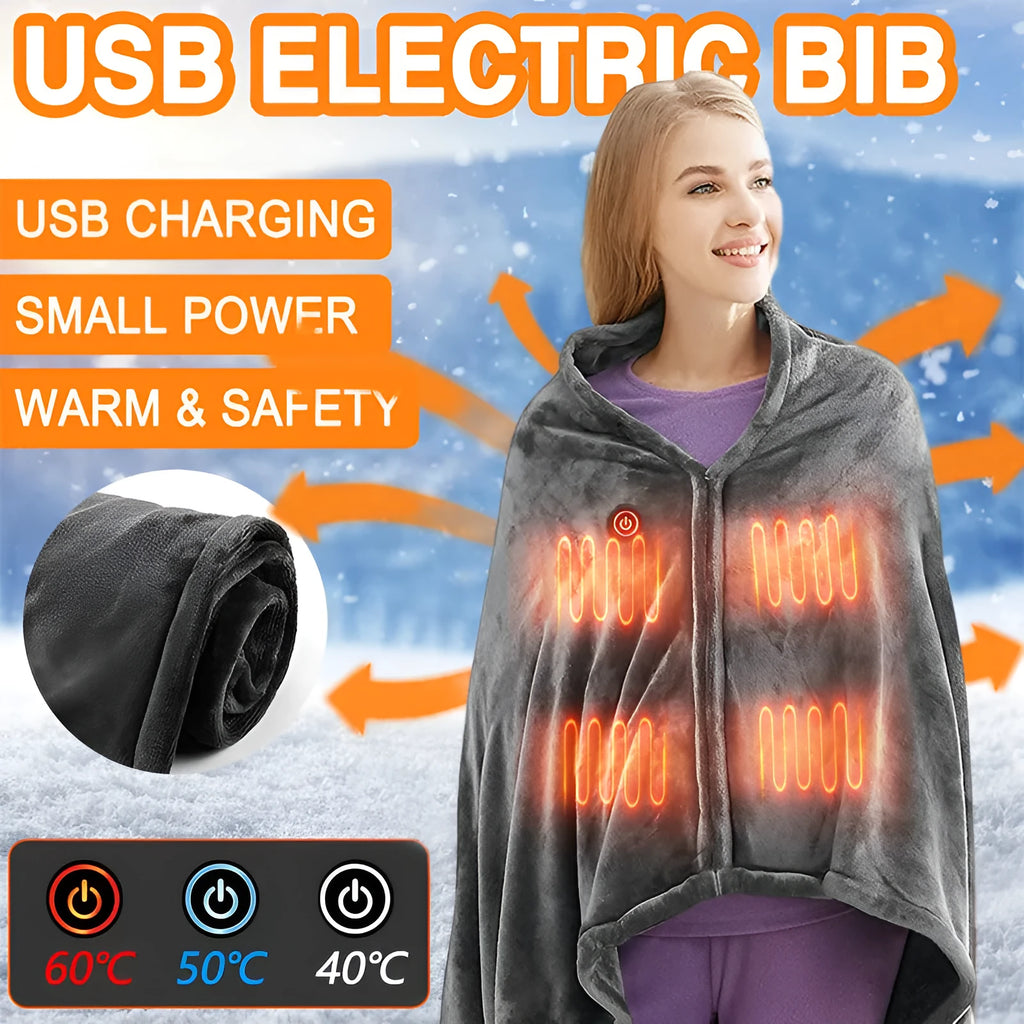 Dark grey USB-powered coral fleece electric heated blanket showing control button and cable.