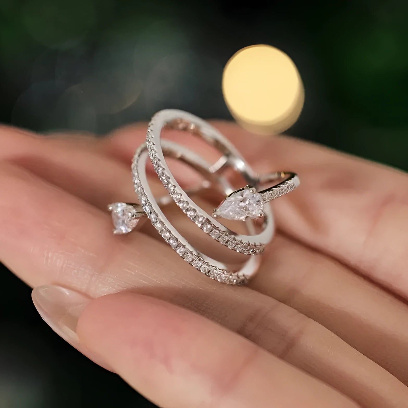 Sterling silver S925 drop shaped ring water droplet design white gold colour women sizes 6-9