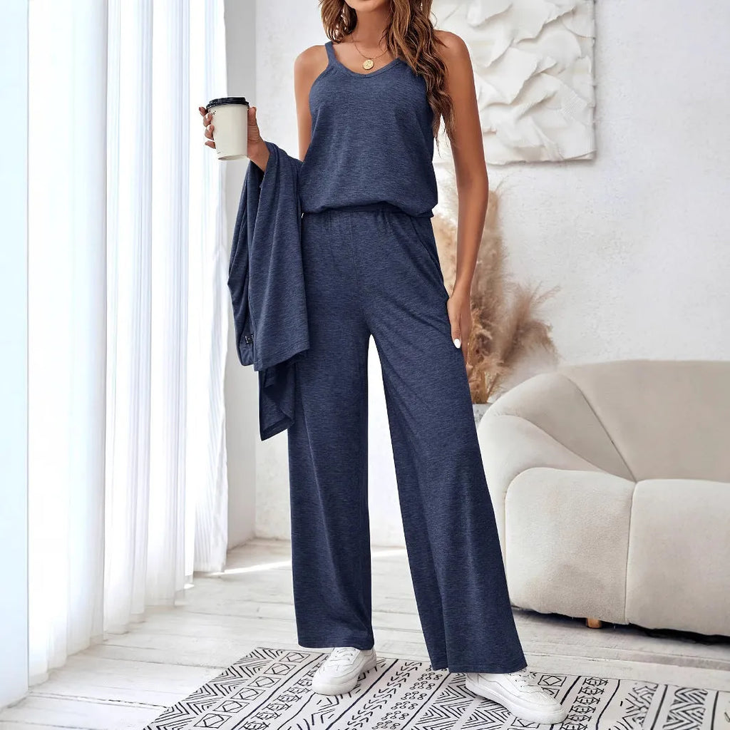 Blue womens casual co-ord set featuring a long sleeve top and matching trousers with detachable braces.