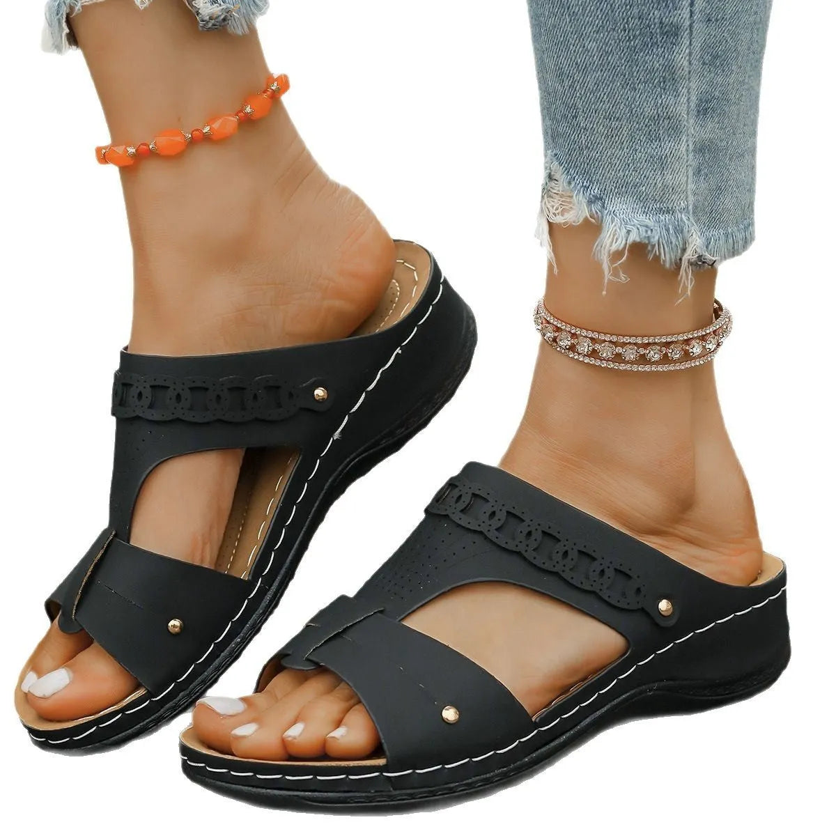 Slope heel roman style slippers in PU with fish mouth toe, shown in available colours.
