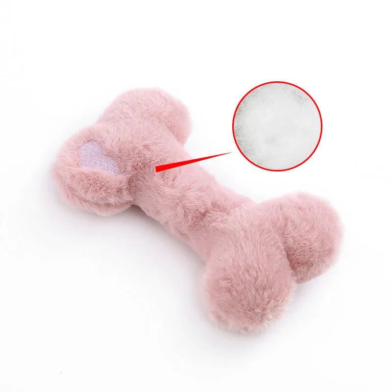 Cute plush love bone dog toy with a squeaker in blue, pink, and yellow colours.