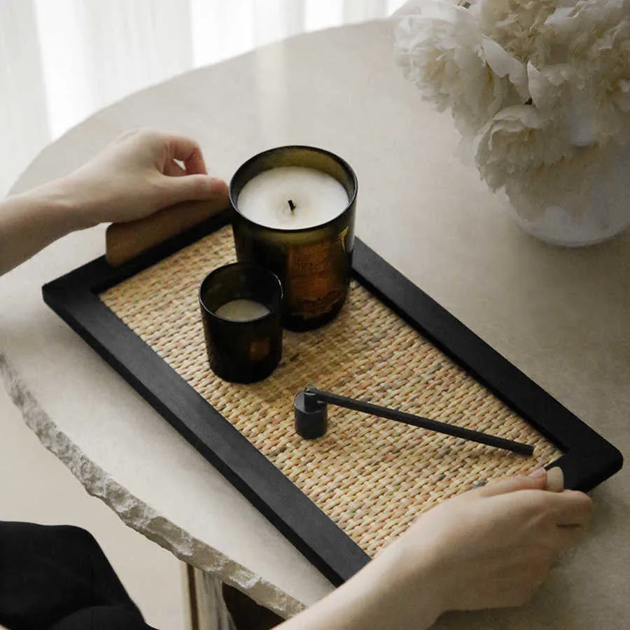 Natural pine wood dining tray with a storage compartment, shown in large and small size options.