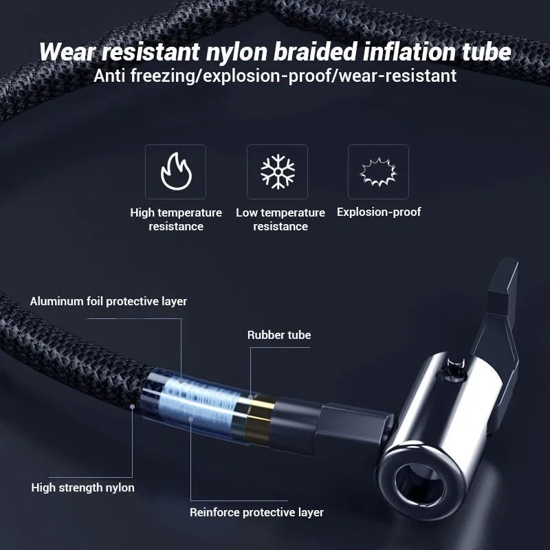 Black digital display wireless tyre inflator with LED light showing pressure reading on screen