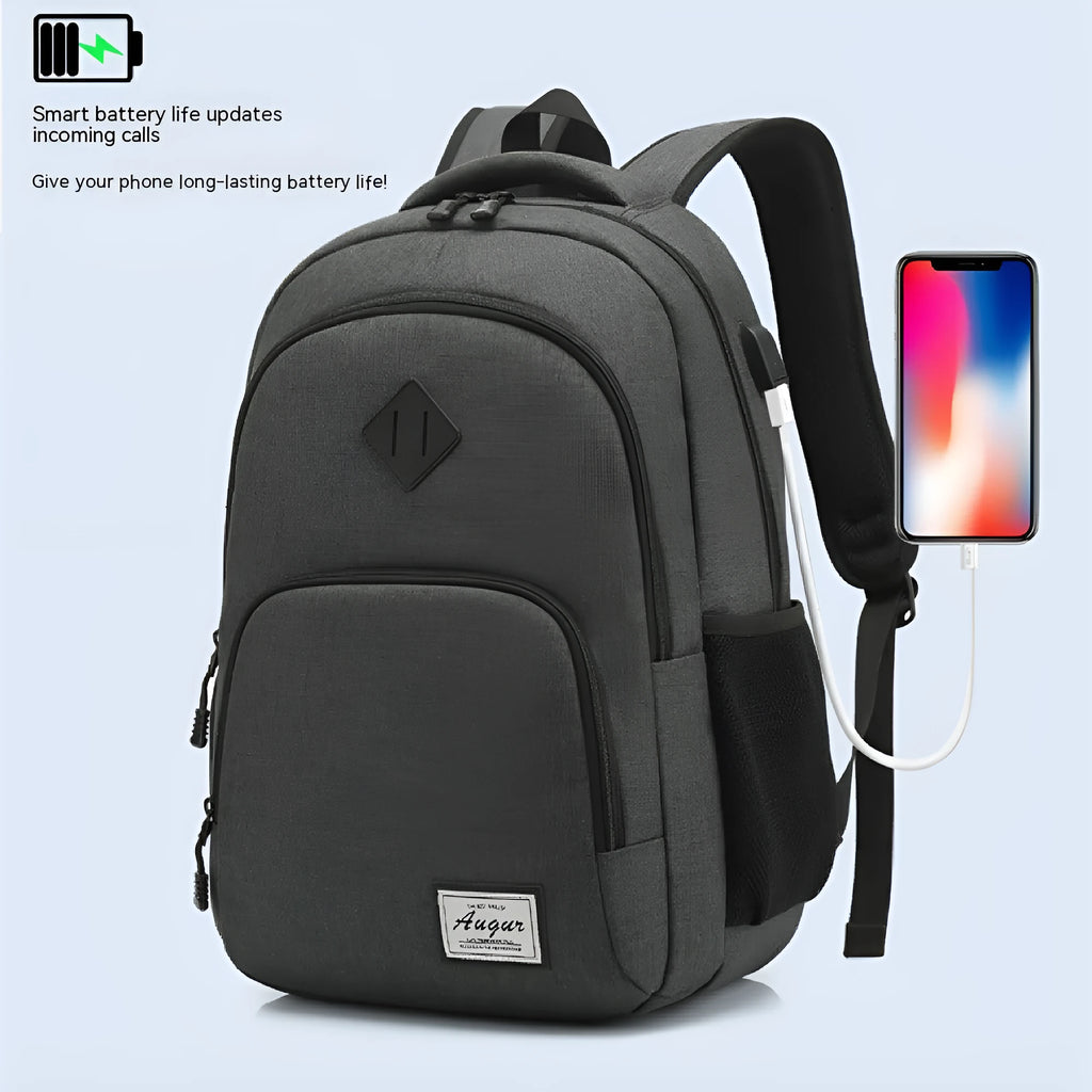 Nylon backpack with USB charging port in black colour showing dimensions and trolley strap