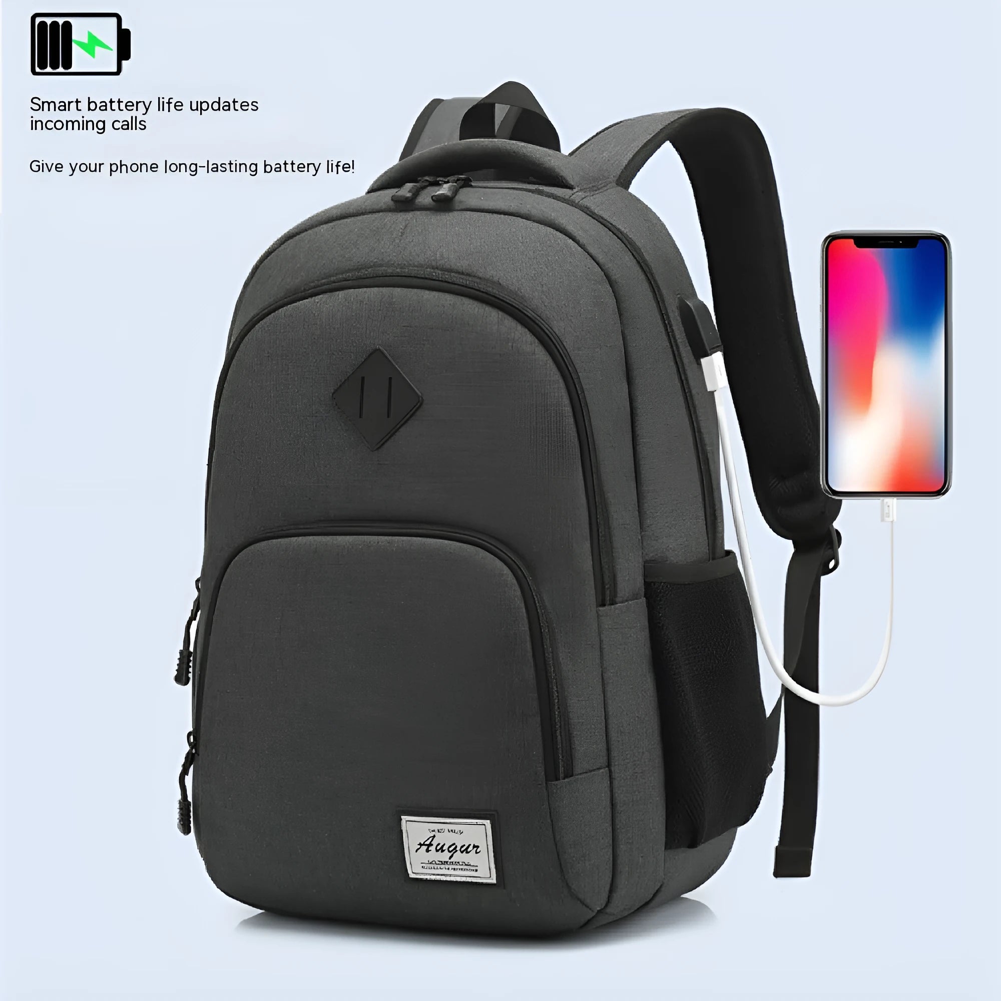Nylon backpack with USB charging port in black colour showing dimensions and trolley strap