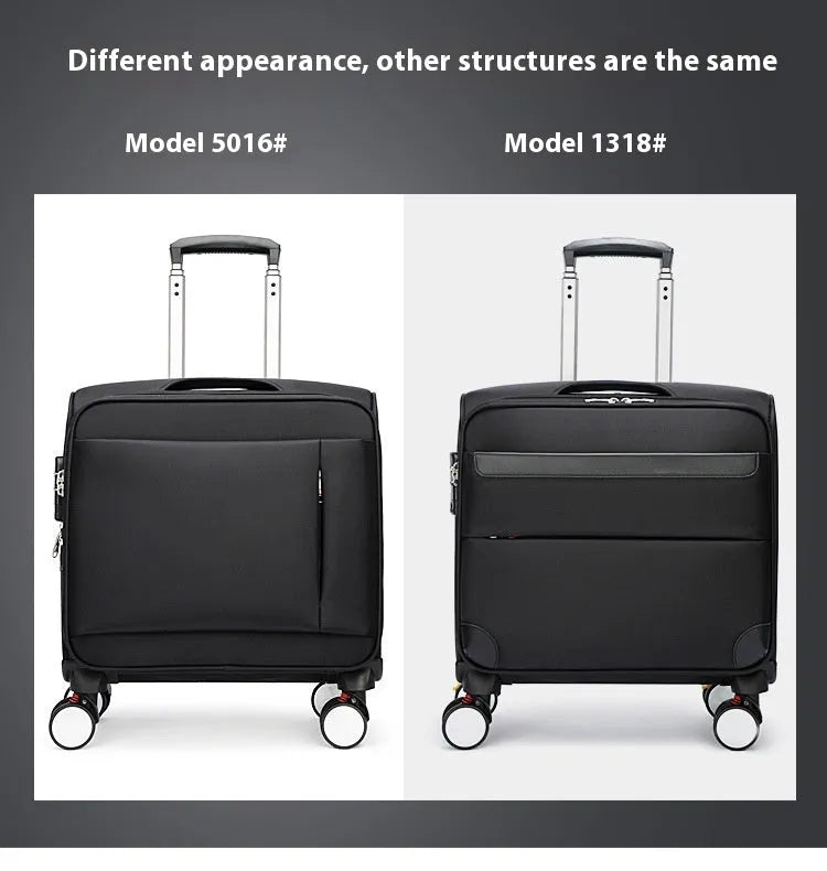 Black 18-inch oxford cloth business luggage suitcase with a retractable handle and wheels.