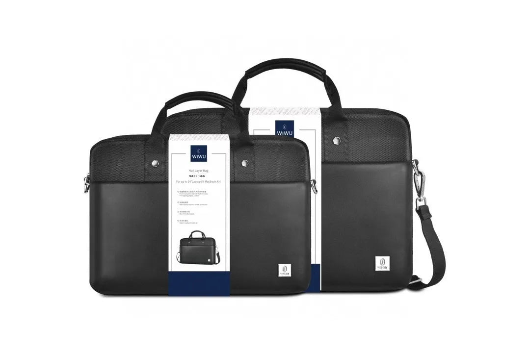 Black Oxford cloth multi-pocket laptop handbag open to show separate organiser layers and laptop compartment.