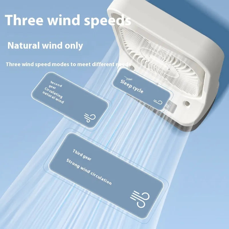 White household cooling fan with USB-C charging port, adjustable head, water tank, and colourful night lights