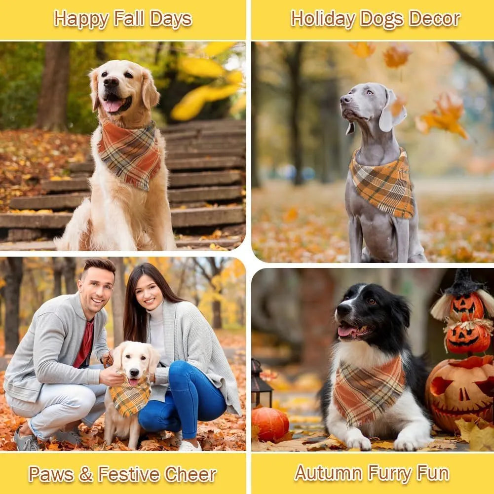 Plaid triangle dog bandana with tassel edges in autumn colours like brown, green, and orange.