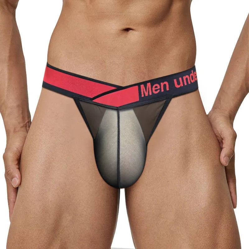 Men's red ice silk nylon briefs with a large V gradient high-fork cut on a white background.