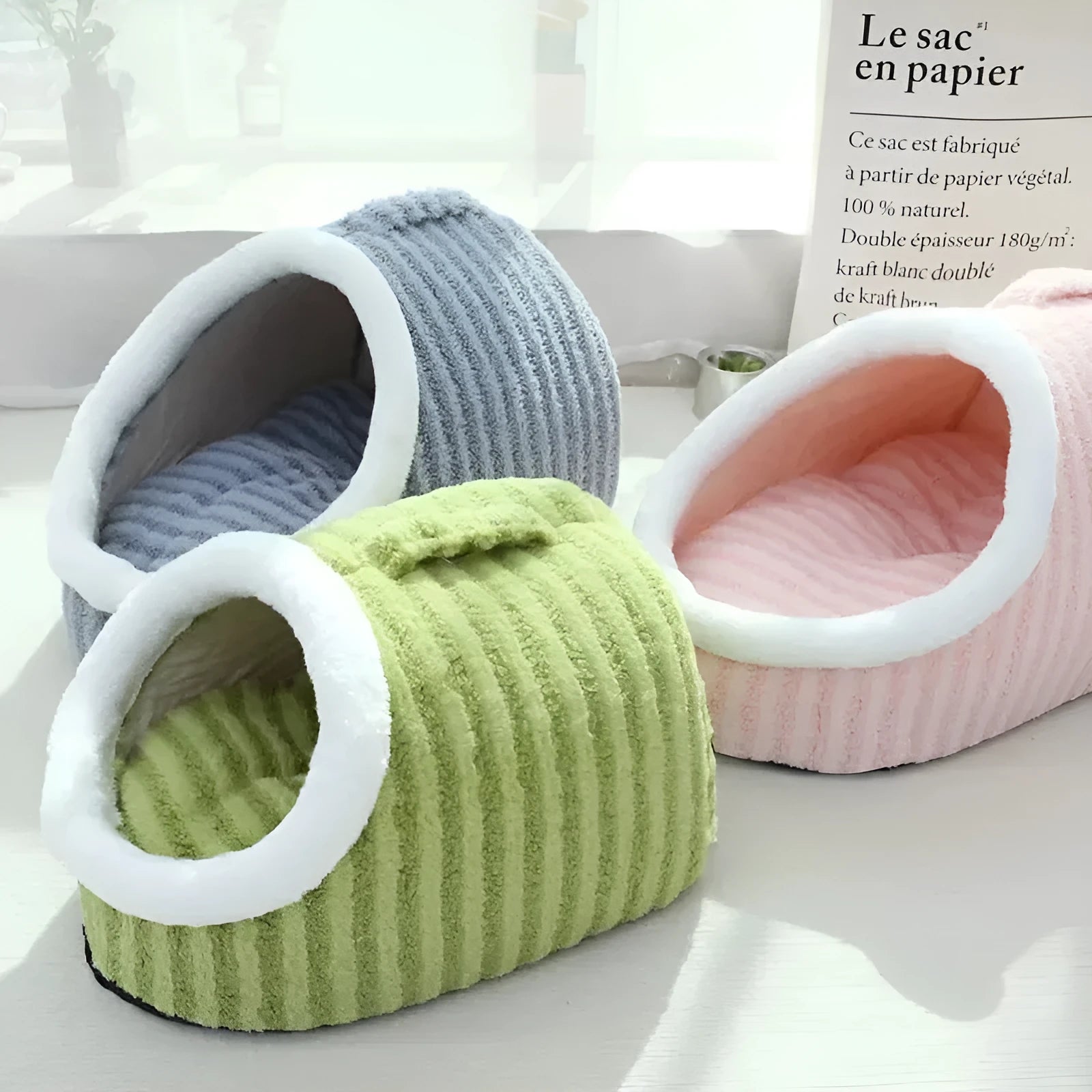 Thickened 3D striped dog cat bed with removable sponge mattress in blue, green, pink or yellow