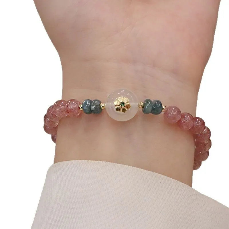 Women's bracelet with strawberry quartz, blue water emerald and round jade pendant, ruyi peace buckle elements