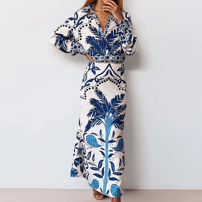 Women's early spring casual fashion set with long sleeve top and matching long skirt in picture colour