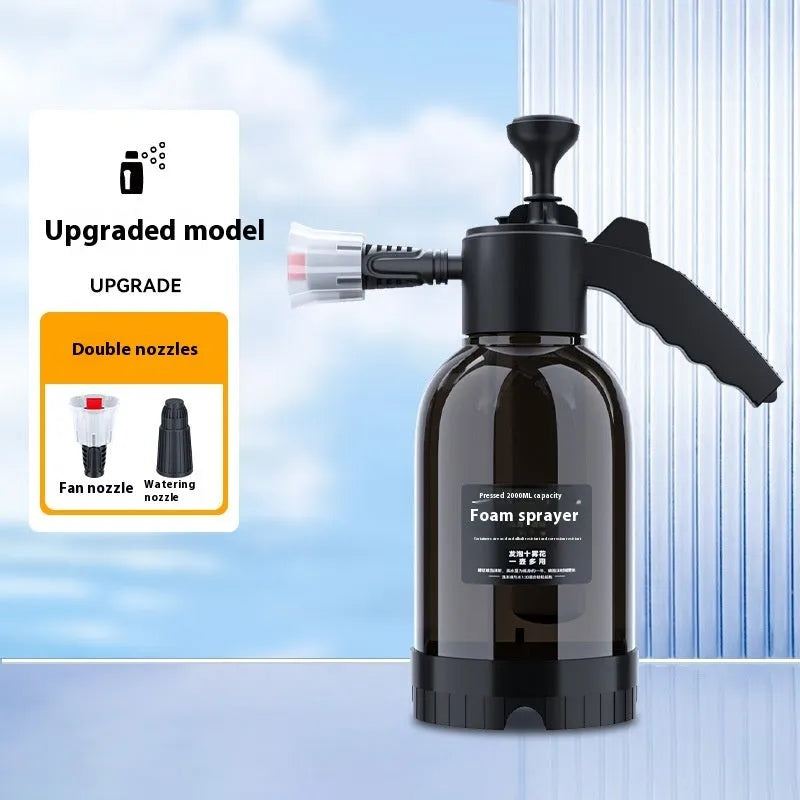 Black hand-held 2 litre foam sprayer with two nozzles for car washing and plant watering